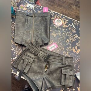 Edikted Ziva Black Faux Leather Corset and Shorts Set Sz XS